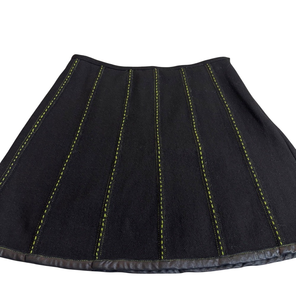 Weekend Max Mara Black panel A Line wool Skirt green Stitch Leather mini sz 6 - Picture 4 of 6
